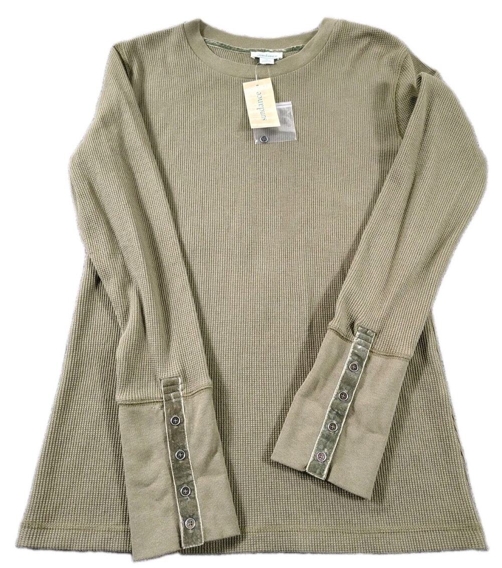 Sundance Waffle Knit Long Sleeve Shirt Women's M Green Crew Neck Minimalist NWT